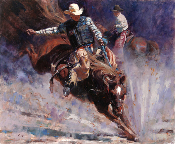 骑马的牛仔油画图片