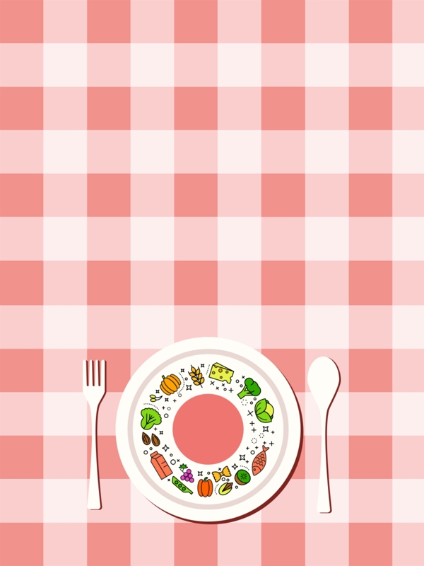 格子餐桌布上的美味食物背景