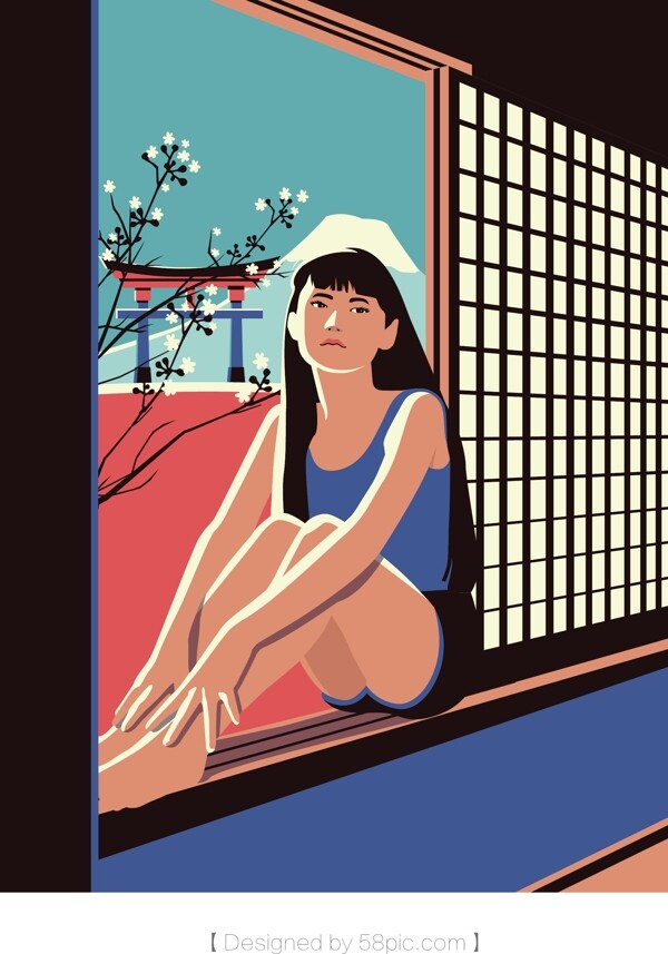 美景日本游一个人旅行原创插画