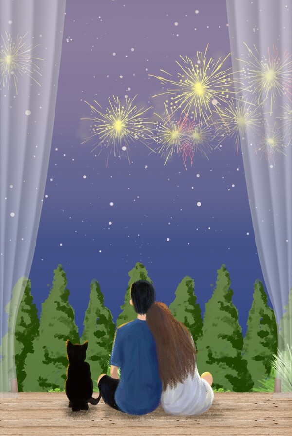 简约浪漫情侣猫背影夜晚星空赏月森林背景图