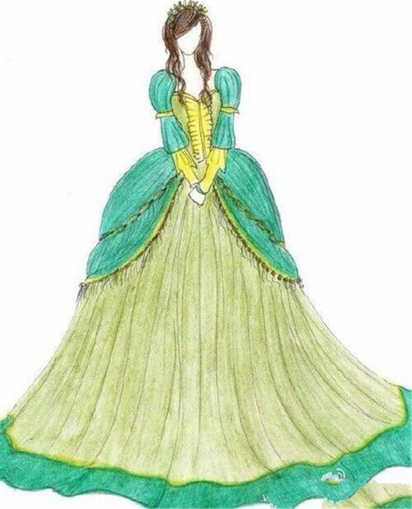 黄绿色长裙礼服设计图