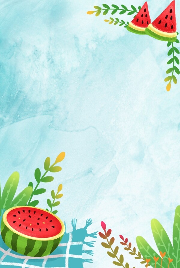 夏日水果蓝色水彩清新西瓜背景