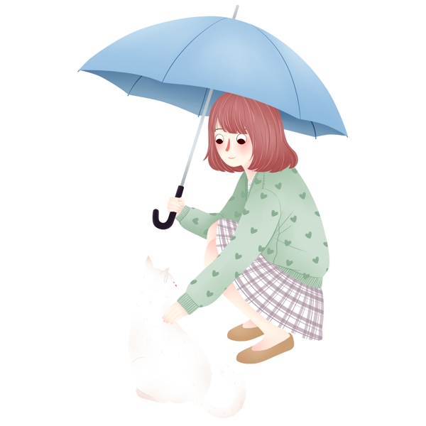 撑着伞的女孩猫咪图案元素