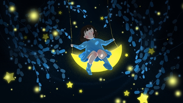 晚安你好荡秋千的女孩月亮植物星星插画