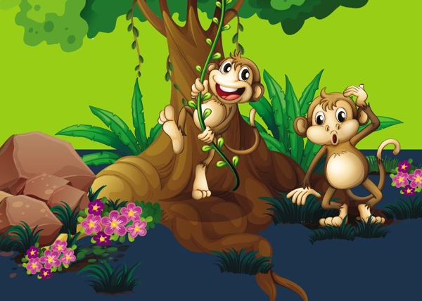 森林里的猴子大树矢量插画素材