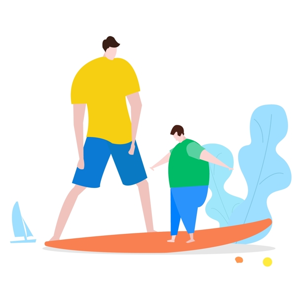 海边练习滑板的温馨父子
