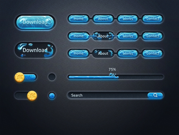 蓝色网页UI按钮进度条滑块开关素材