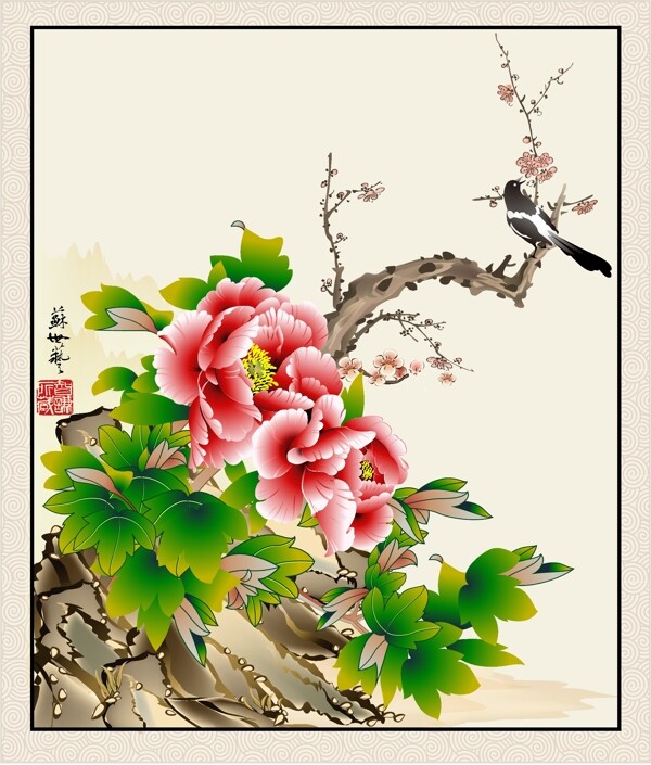 通过细腻的笔法密切关注细节特征的中国传统工笔画风格的花鸟画矢量