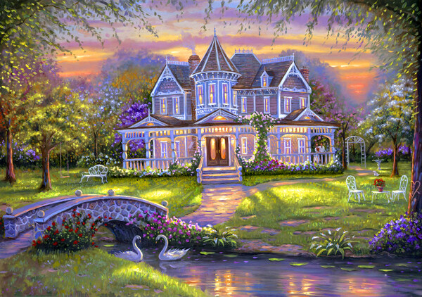 油画童话别墅图片