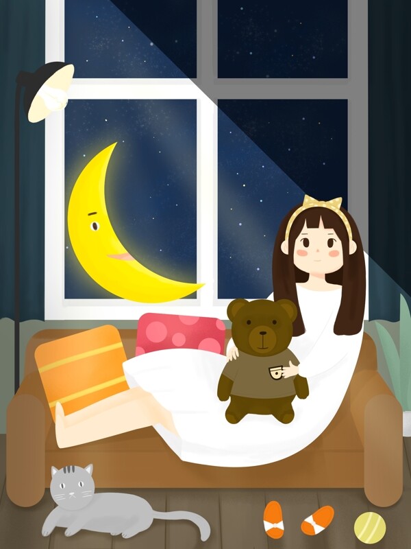 抱着星星的女孩和月亮说晚安创意插画