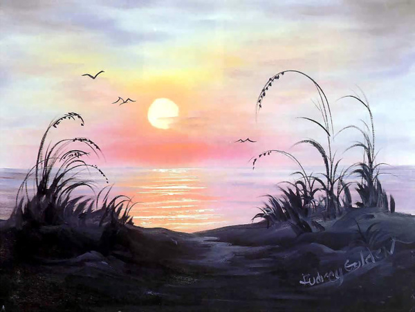 油画海边日出图片