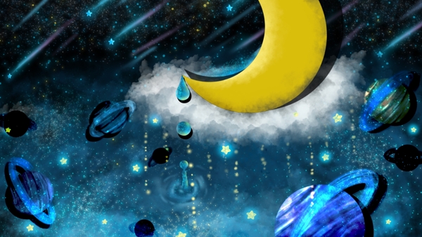 蓝色星空中的月亮卡通背景