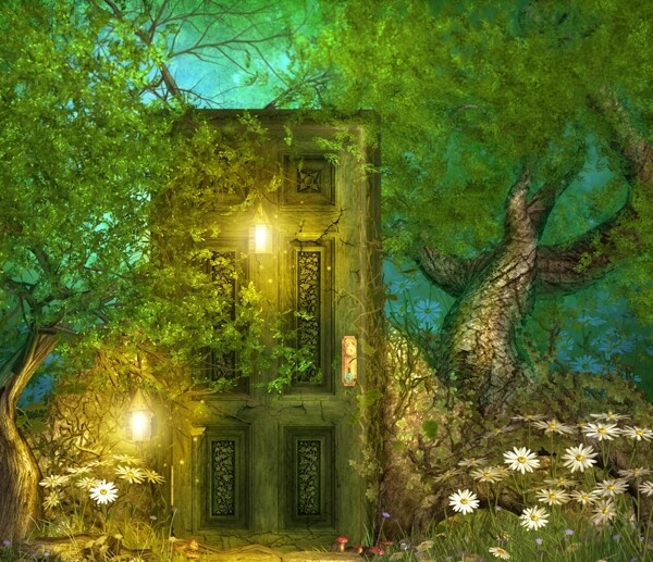 童话背景城堡油灯绿树蘑菇花朵图片