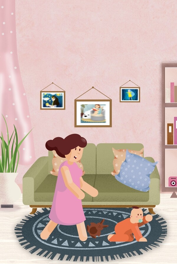 粉色插画风母婴促销母子玩耍背景