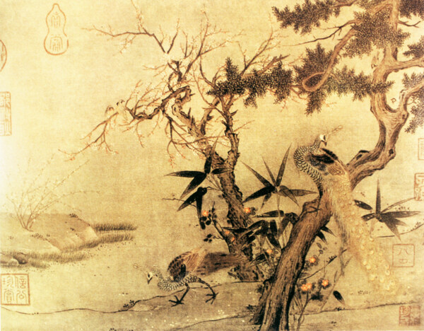 中国花鸟画名家马良书画真迹红梅孔雀图
