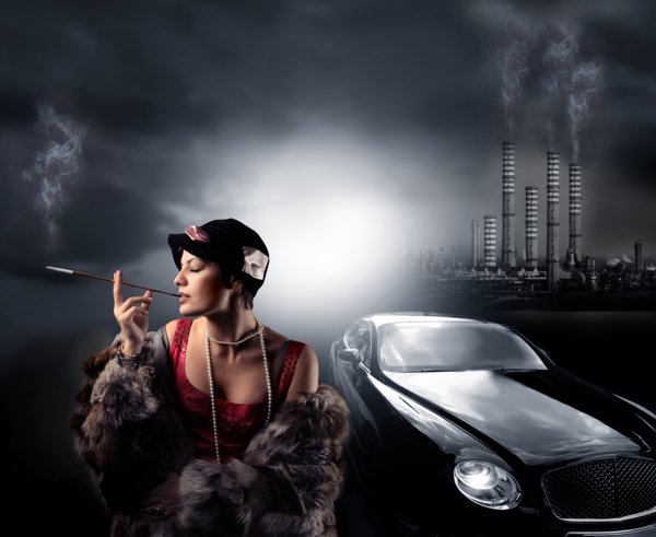 吸烟的美女与轿车图片