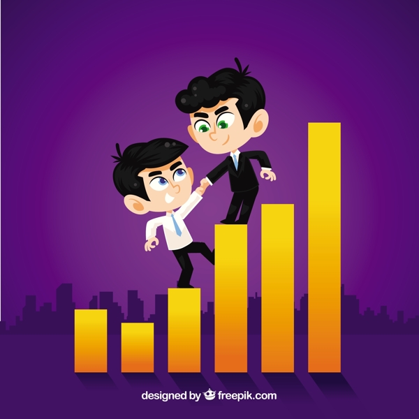 商务人士合作互助增长条形图紫色背景