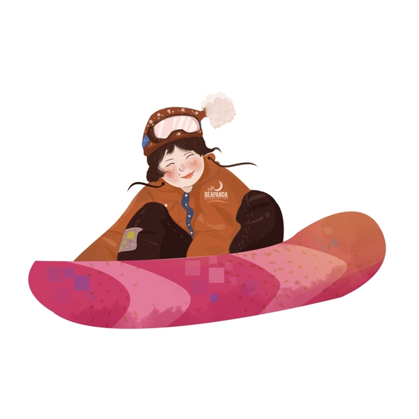 复古手绘冬季滑雪的女孩