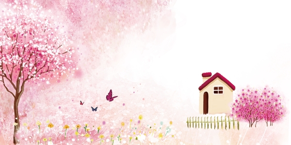 唯美粉色花树小屋背景设计