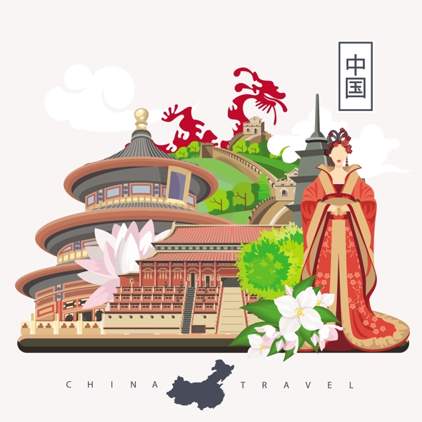 中国传统文化人物扁平化旅游矢量设计素材