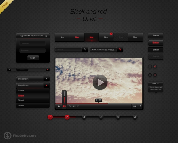 黑色和红色的Web用户界面工具箱PSD