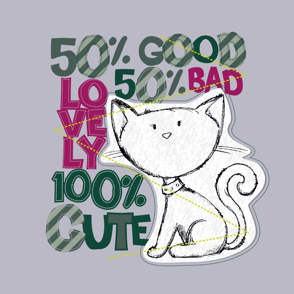 印花矢量图T恤图案图文结合动物猫免费素材