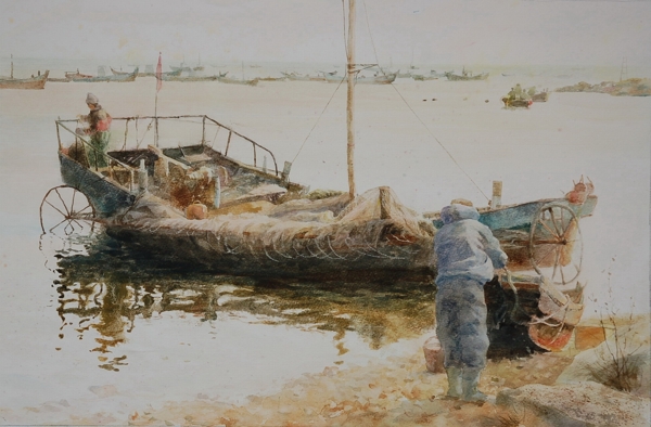 油画渔船图片