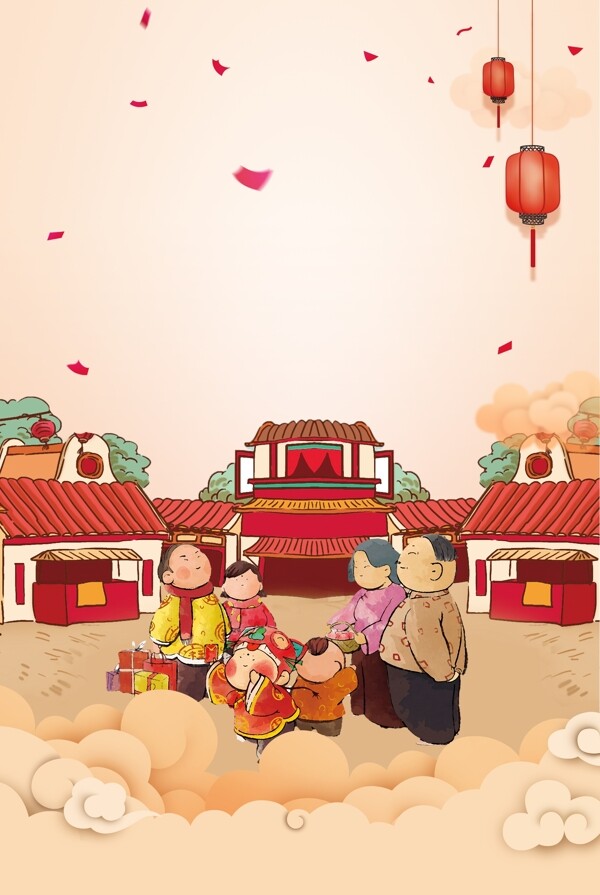 复古舞狮习俗猪年中国风新春广告背景