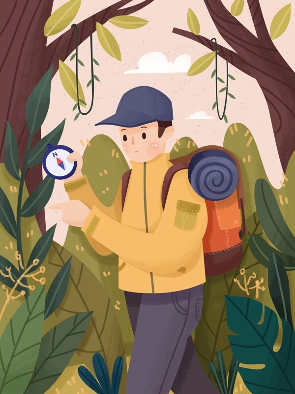 旅游旅行森林探险丛林背包植物源文件插画