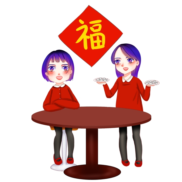 新年春节手绘卡通吃饺子除夕大年三十