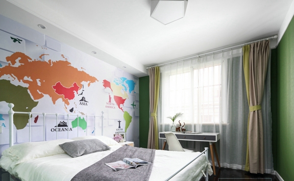 现代时尚地图花纹背景墙卧室室内装修效果图