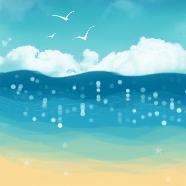 蓝天白云手绘抽象海边背景素材