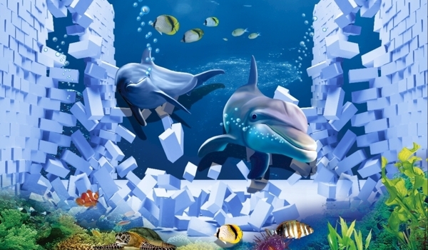 3D立体破墙海豚背景墙
