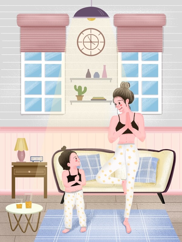 原创插画温馨母亲节母女瑜伽背景设计