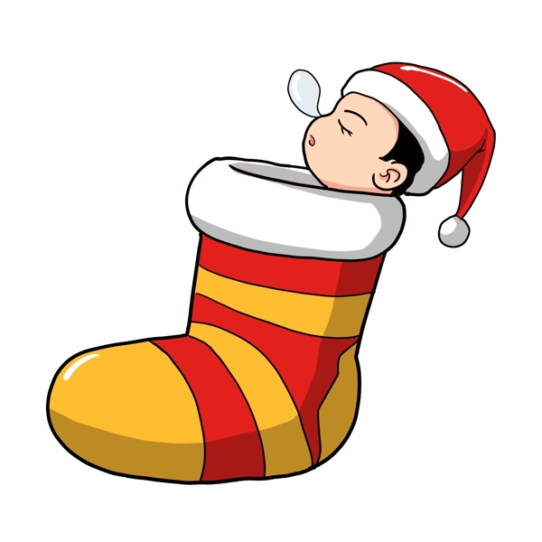 卡通手绘圣诞袜里的瞌睡小孩插画