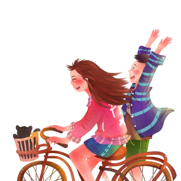手绘骑着自行车一起去旅行的小情侣
