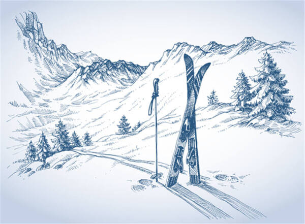 手绘素描雪山的滑雪板场景矢量素材下载