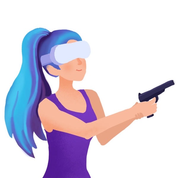 手绘卡通戴着VR眼镜做射击游戏的蓝发美女