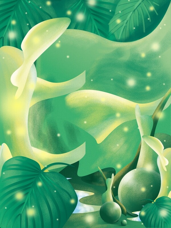 彩绘夏季绿叶丛林背景设计