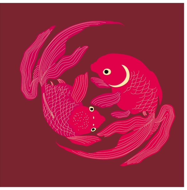 两只红色金鱼花纹背景图
