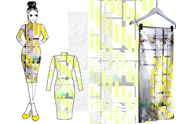 黄色修身连衣裙设计图