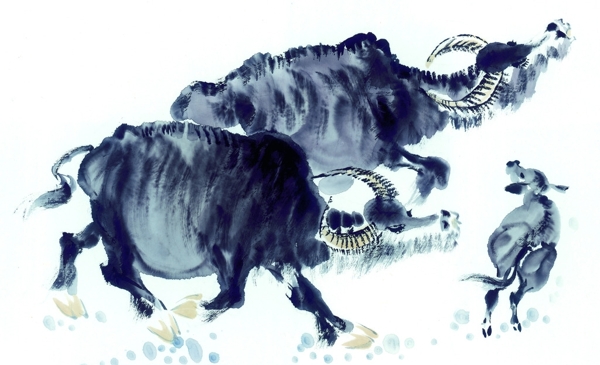 黑白十二生肖国画手绘牛图片