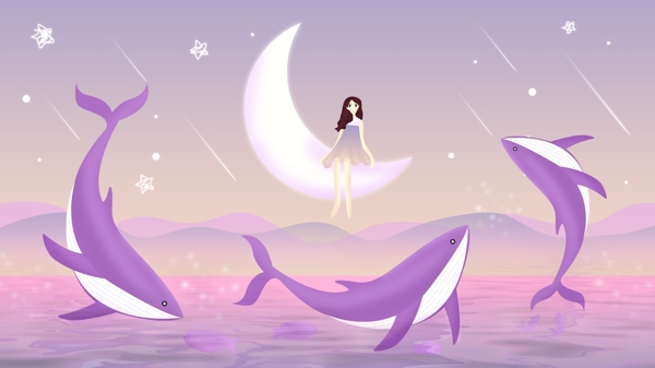 紫色唯美海豚月光女孩背景素材