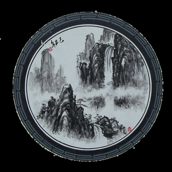 中国风圆形边框水墨山水装饰元素