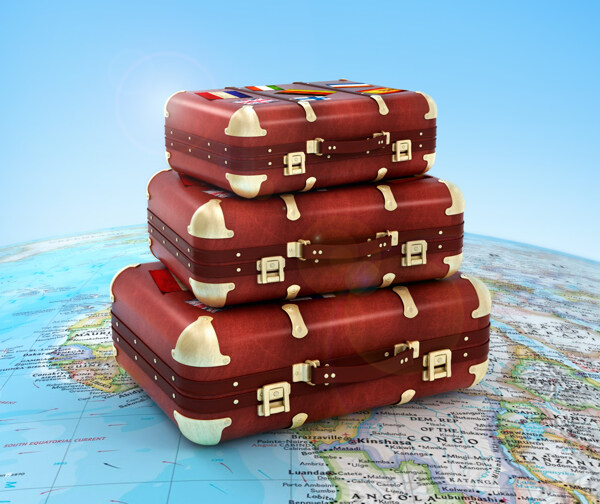 世界地图上的行李箱