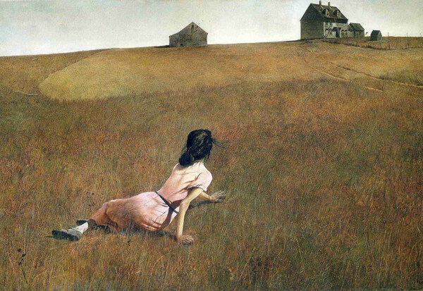 趴在草地看房子的西方美女油画图片