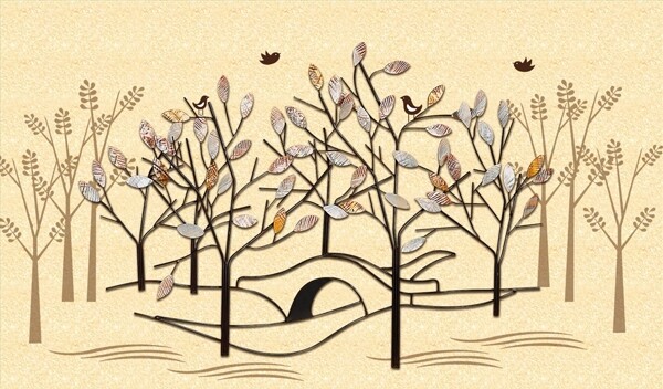 浮雕花抽象树飞鸟背景墙图片