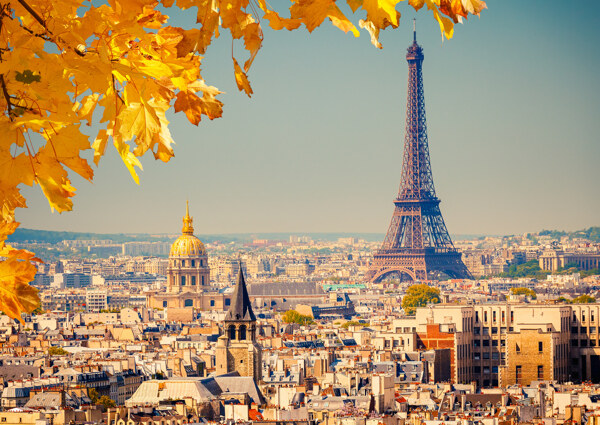 秋天树叶与巴黎风景