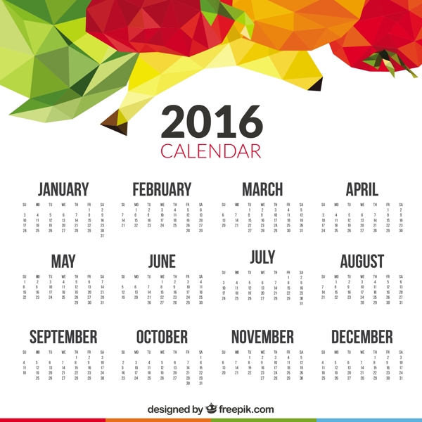 2016日历与多边形水果