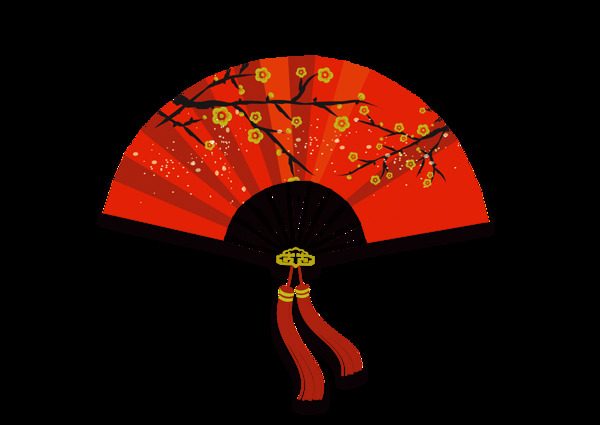 红色梅花图案折扇PNG